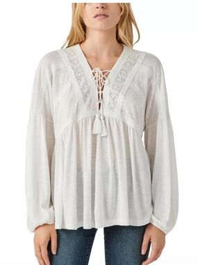 Lucky Brand White Lace Up Peasant Blouse Size Medium M